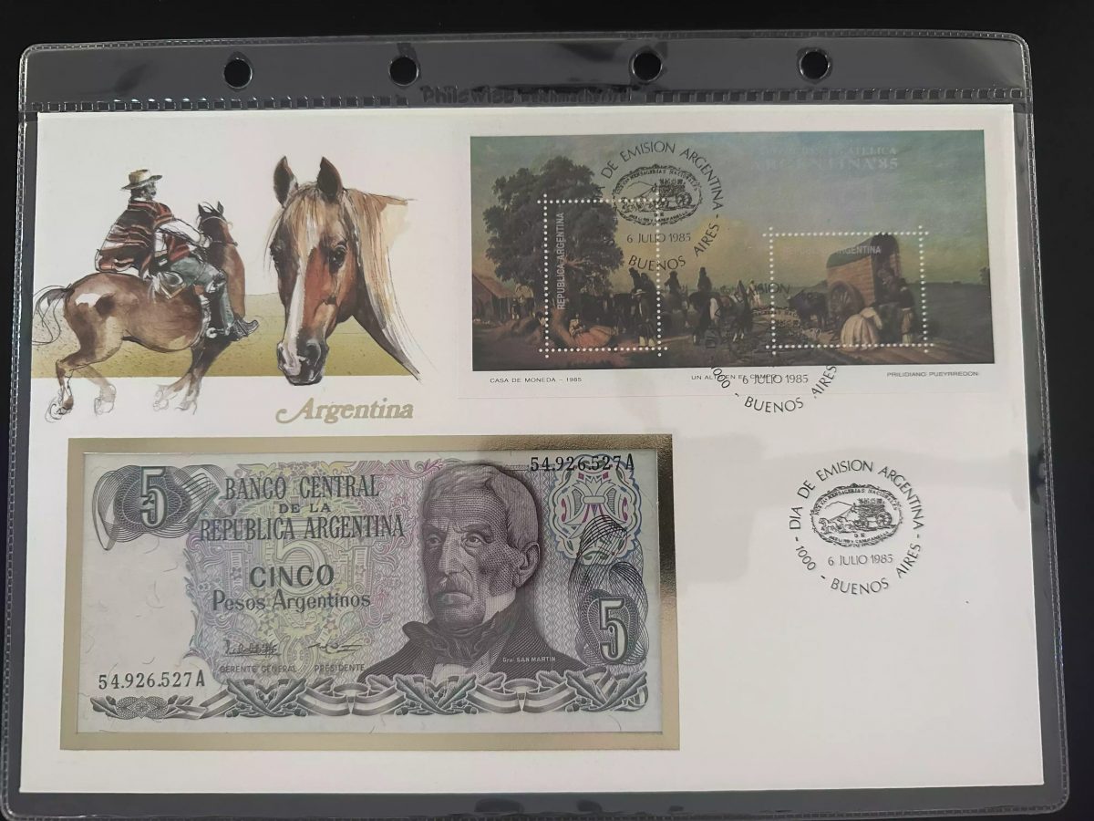 Argentinien 1985 Numismatischer Umschlag 5 Pesos Schein Block Argentina 85