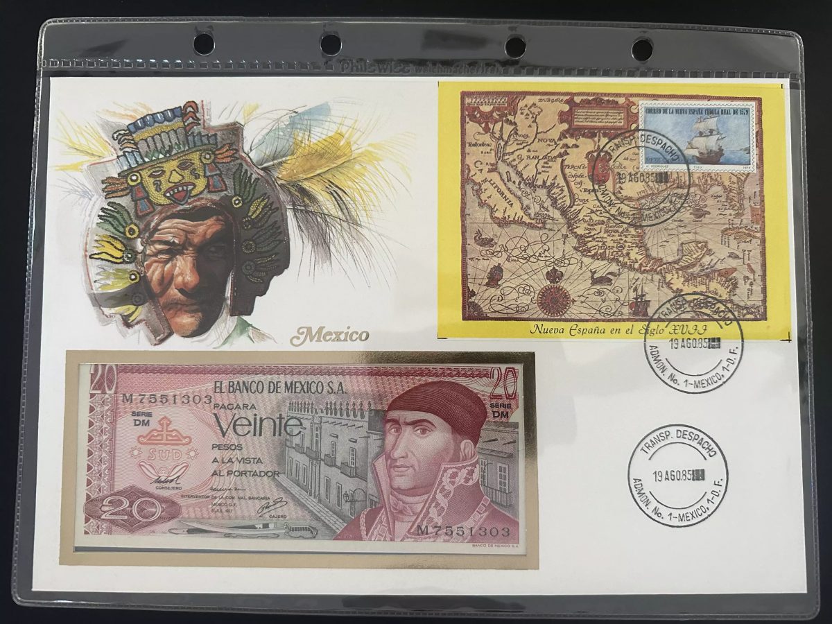 Mexiko 1985 Numismatischer Umschlag 20-Peso-Schein Blockarte