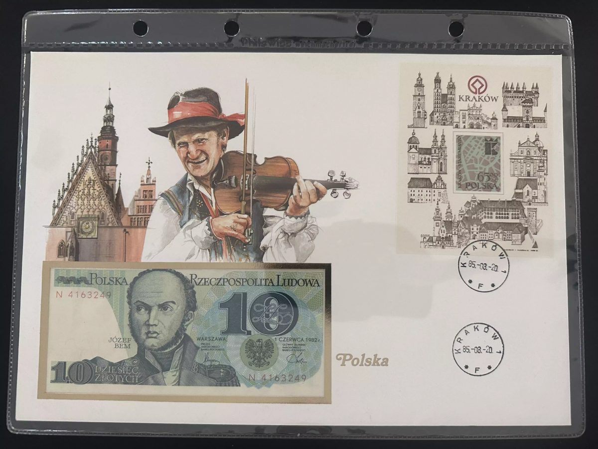 Pologne enveloppe numismatique 10 Zlotych 1982 bloc Kraków 1985