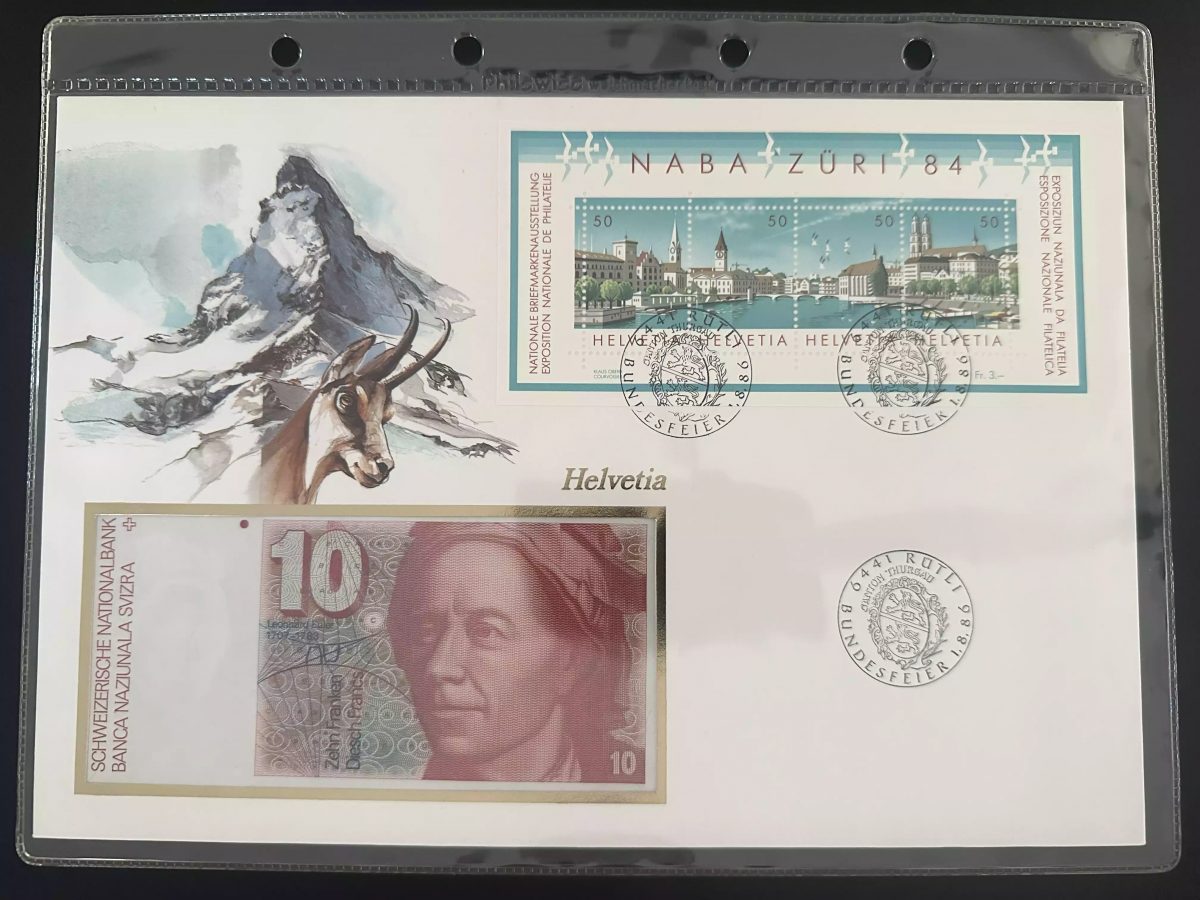 Suisse enveloppe numismatique NABA Züri 84 bloc oblitéré billet 10 Fr