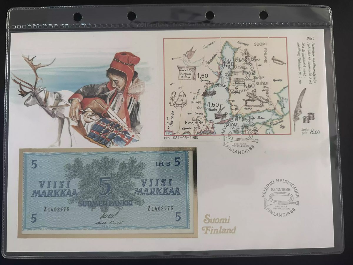 Finlande 1985 FDC Finlandia 88 bloc carte ancienne billet 5 Markkaa