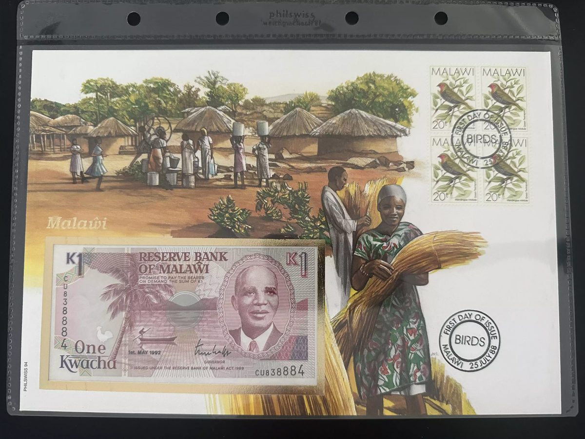 Malawi FDC Philswiss 1988 oiseaux billet 1 Kwacha 1992 numiscover