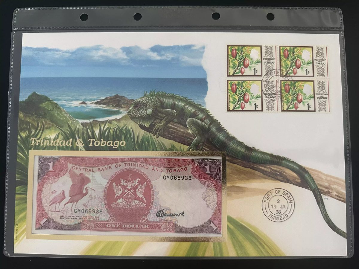 Trinidad Tobago Numismatischer Umschlag 1 Dollar Banknote Briefmarken 1988