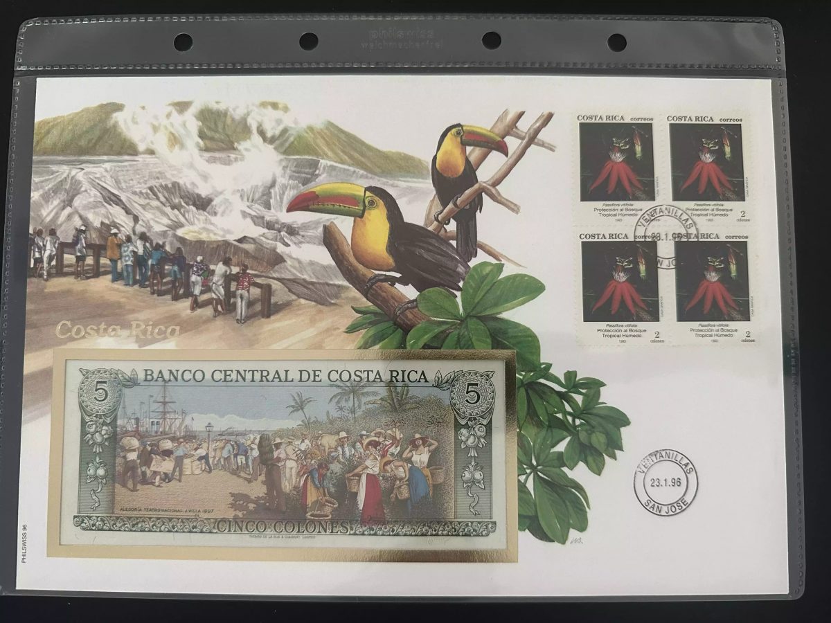 Costa Rica numismatic envelope 5 colones banknote stamps 1996