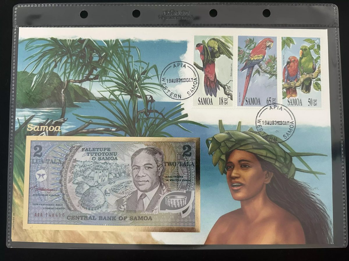 Samoa enveloppe numismatique billet 2 Tala timbres perroquets 1993