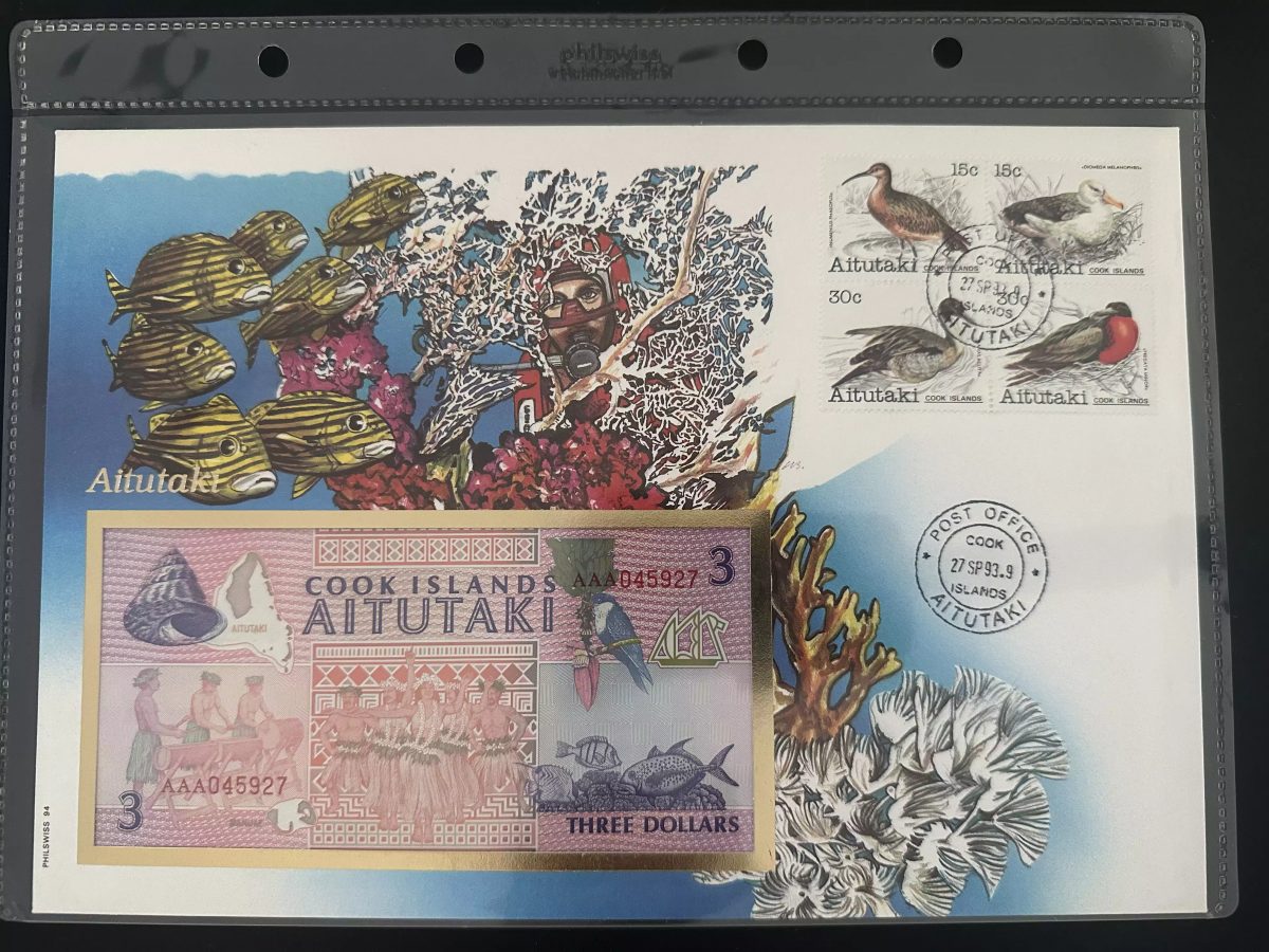 Aitutaki Cook Islands 1993 Philswiss FDC Vögel Banknote 3 Dollar