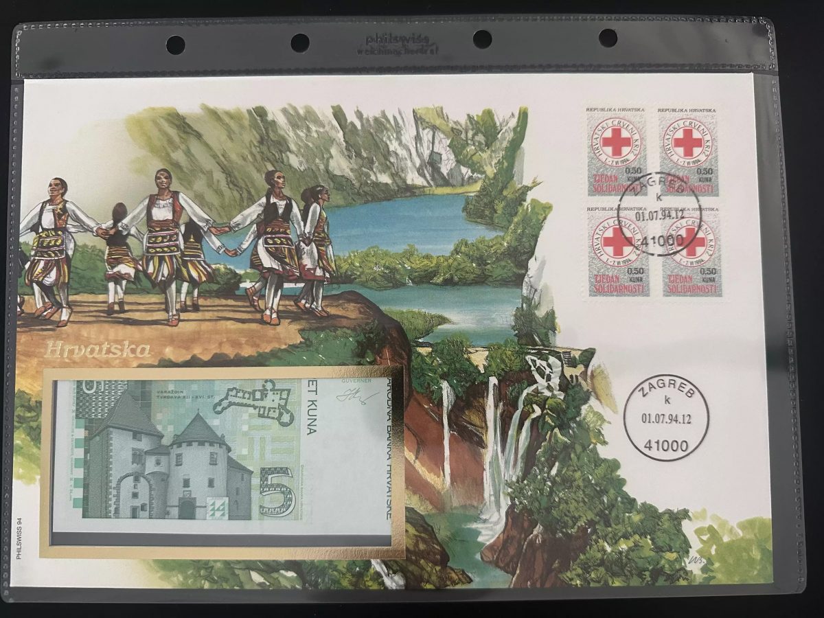 Croatie enveloppe numismatique Philswiss 1994 Croix-Rouge 5 Kuna