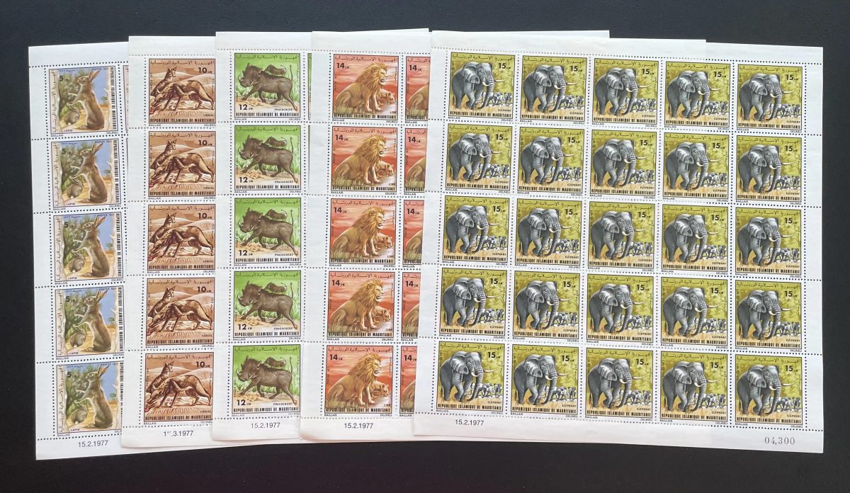 Mauritanie 1977 YT 358-362 planche faune lapin chacal lion éléphant
