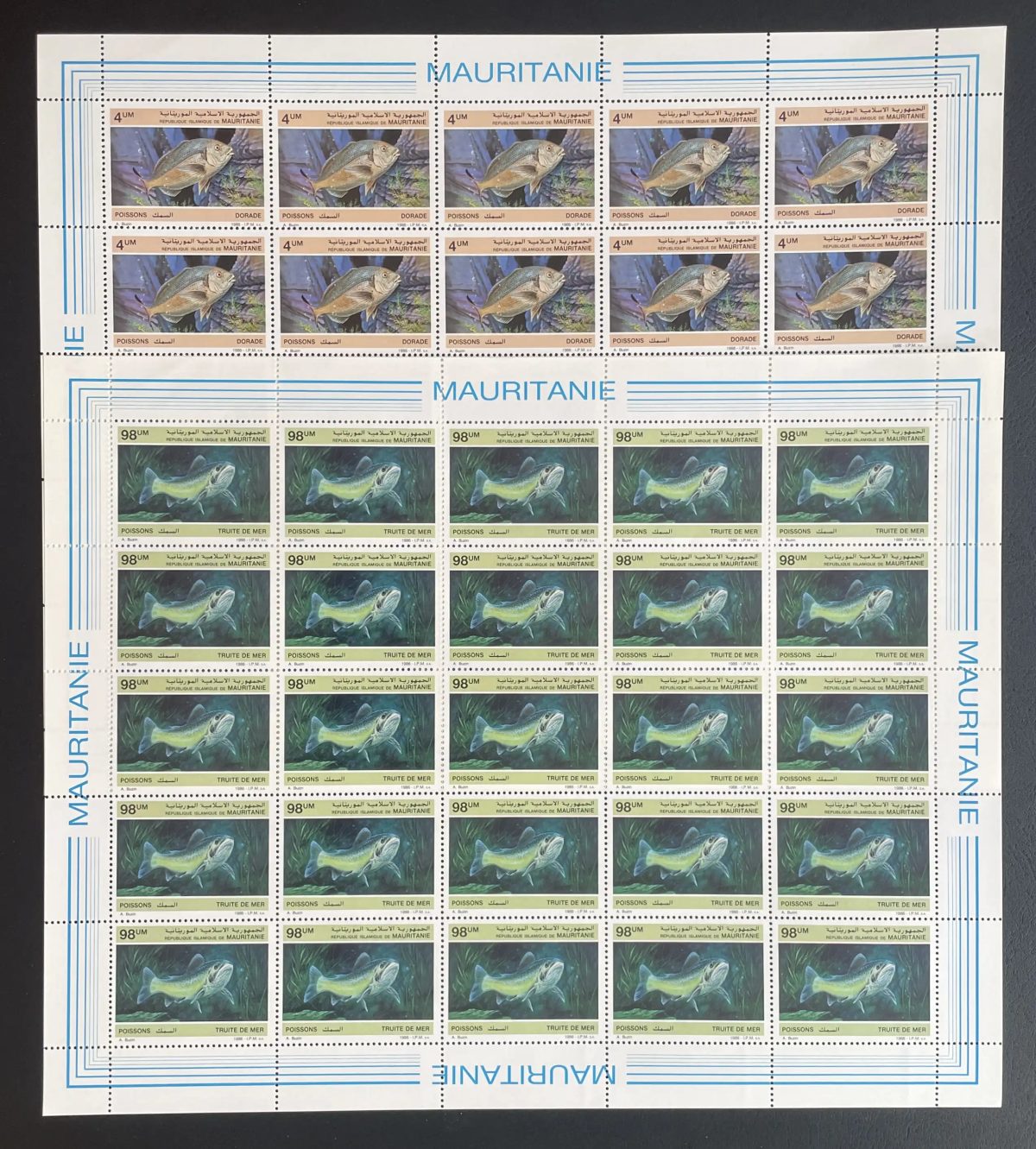 Mauritanie 1986 YT 592 593 planche poissons dorade truite de mer