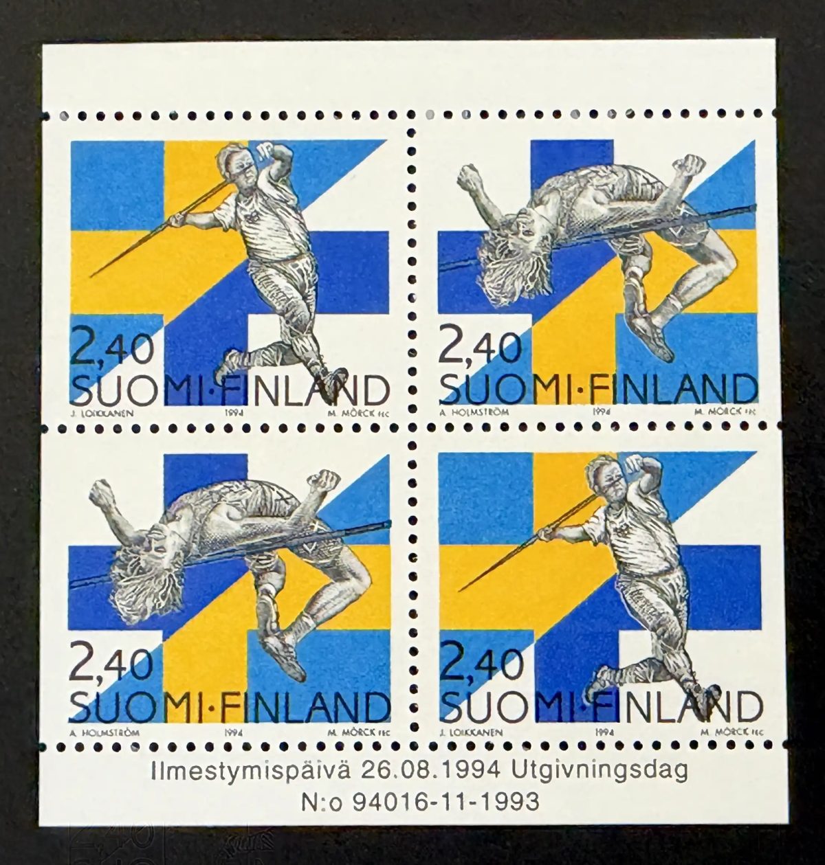 Finlande 1994 Mi. 1266-1267 émission commune Suède athlétisme bloc
