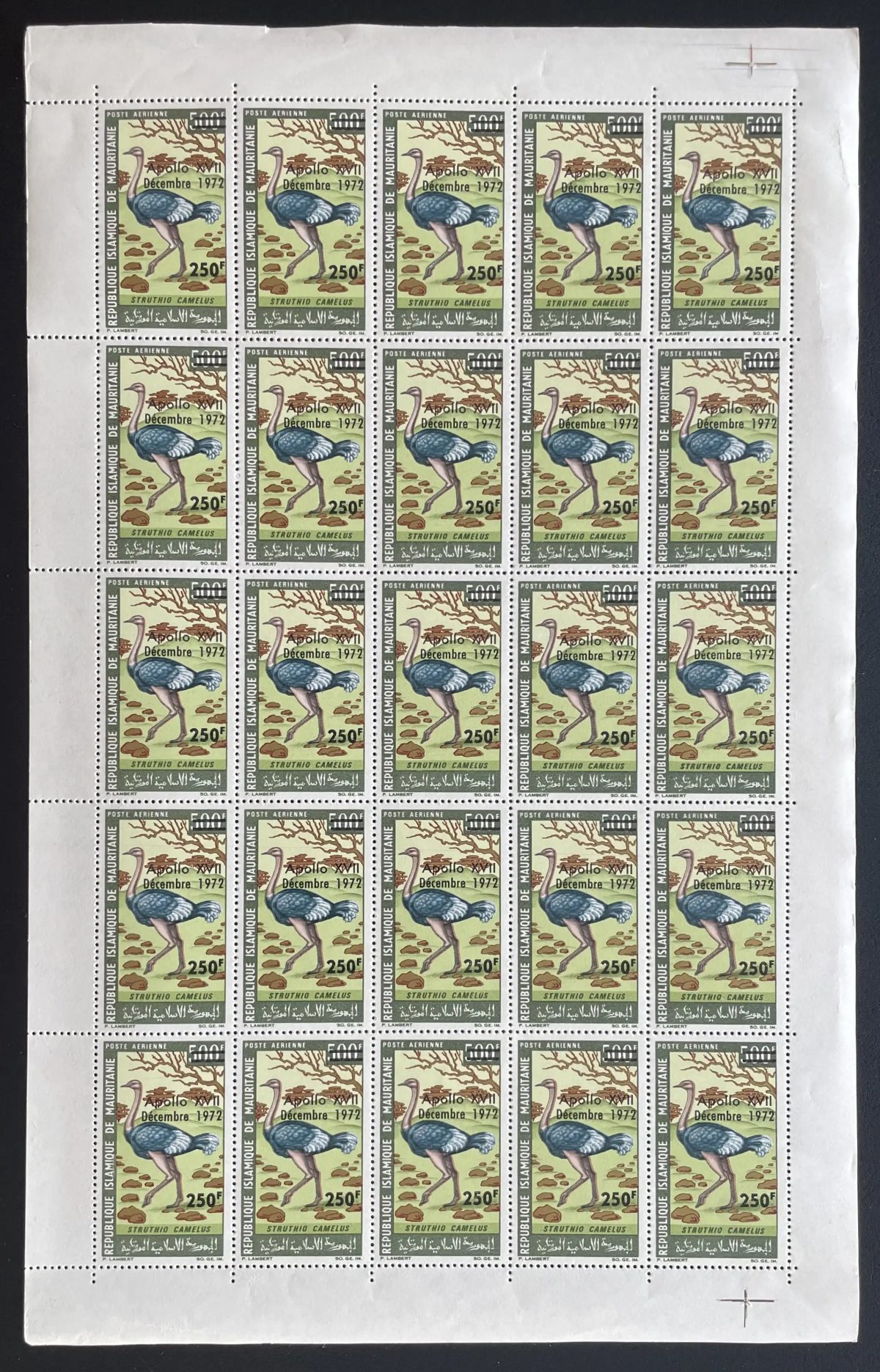 Mauritanie 1973 YT PA 131 planche surcharge autruche Apollo XVII espace oiseaux