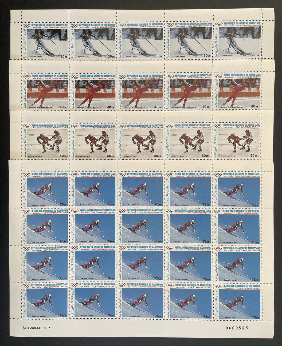Mauritanie 1987 YT PA 251-254 planche Jeux Olympiques hiver Calgary ski hockey