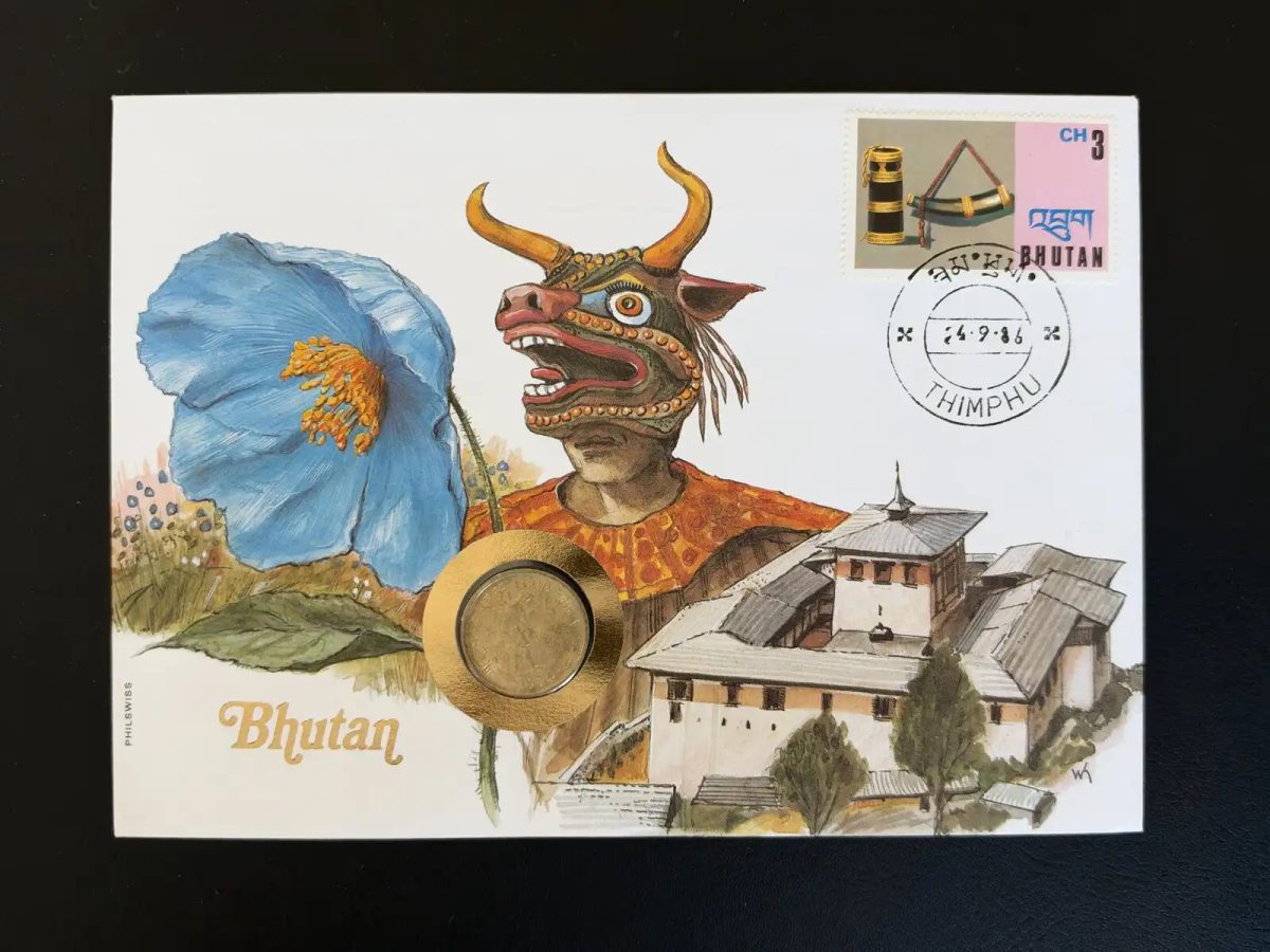 Bhutan enveloppe numismatique Philswiss 1986 Thimphu pièce