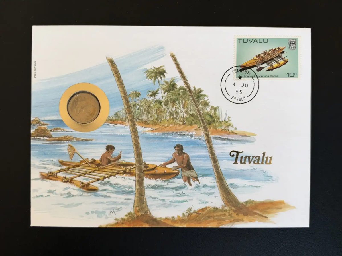 Tuvalu enveloppe numismatique Philswiss 1985 timbre pirogue 10c