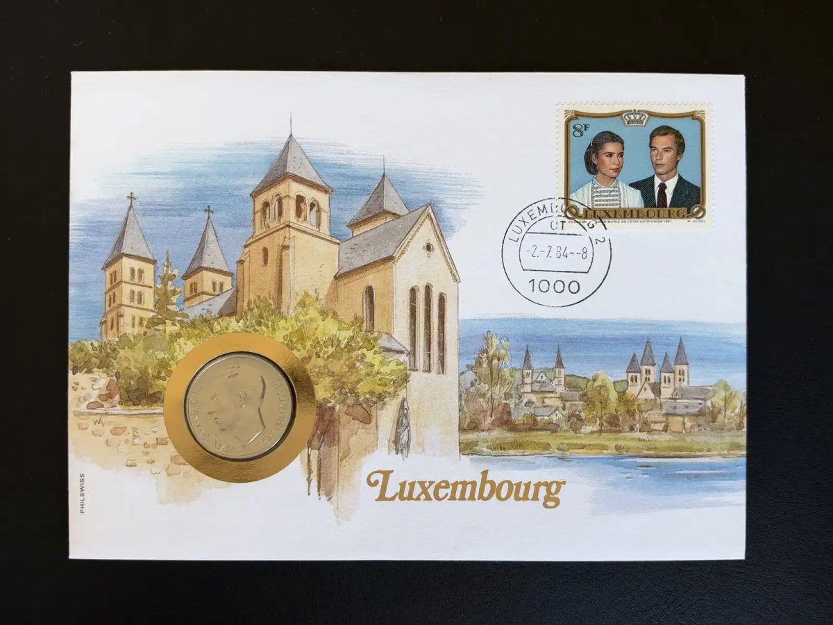 Luxembourg 1984 numismatic envelope Philswiss 8F marriage stamp