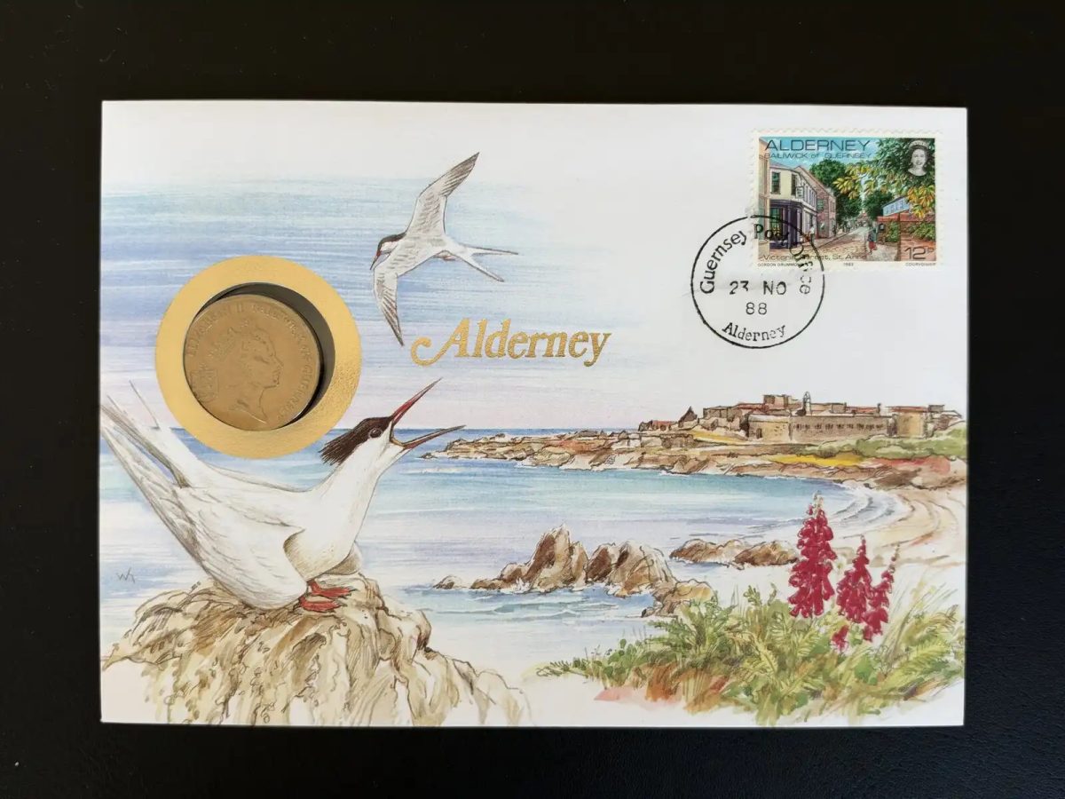 Alderney Guernsey 1988 enveloppe numismatique coin cover oiseaux