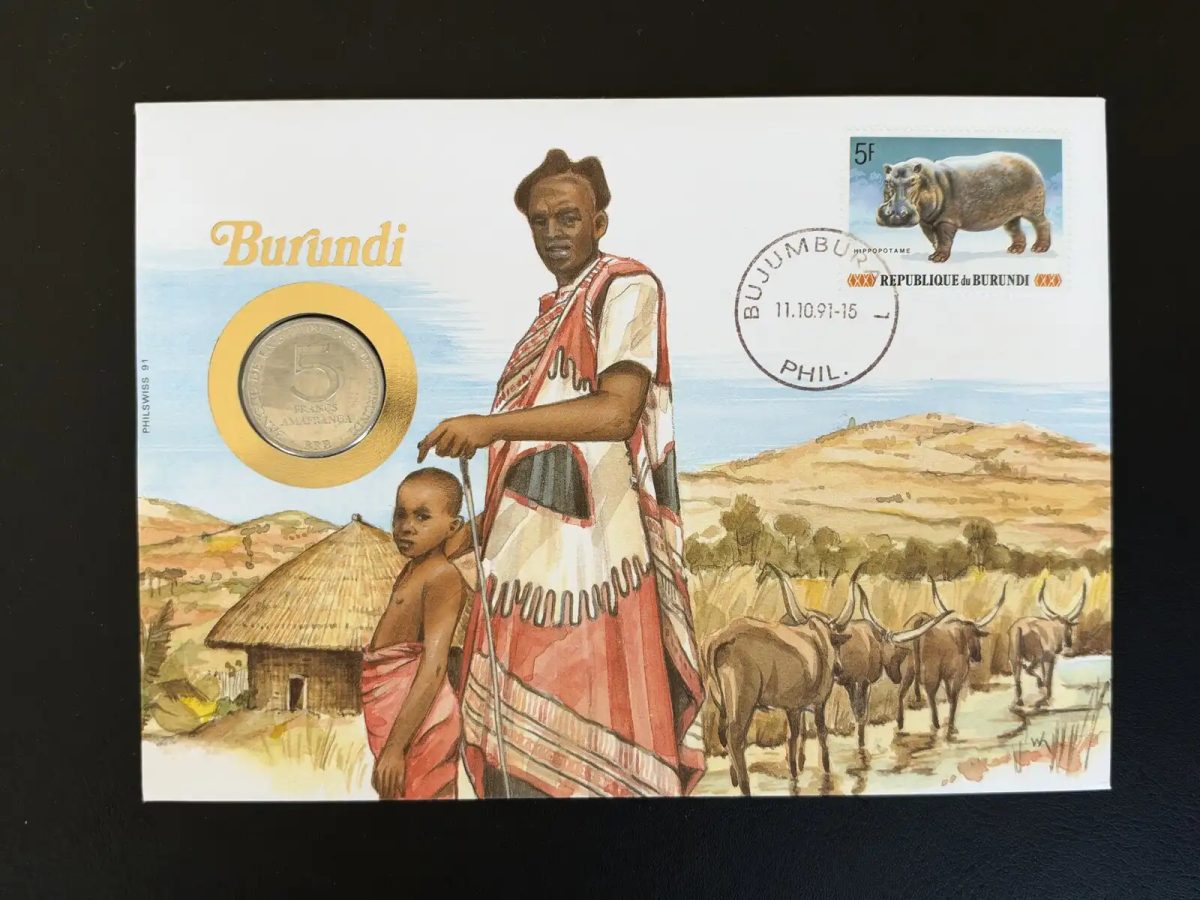 Burundi Numismatikbrief 5 Franken Nilpferd-Briefmarke 1991
