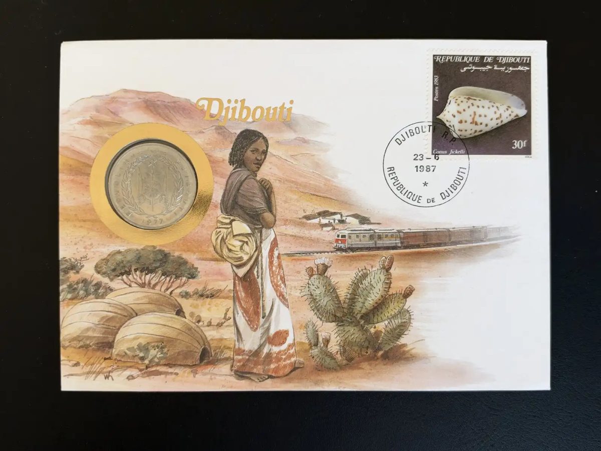 Djibouti enveloppe numismatique 1987 timbre coquillage Conus 30F