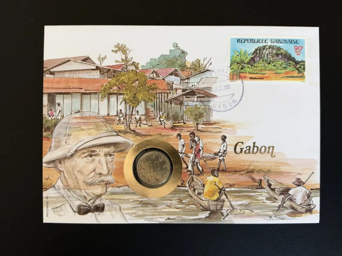 Gabon enveloppe numismatique Philswiss 1985 timbre Medouneu 90F