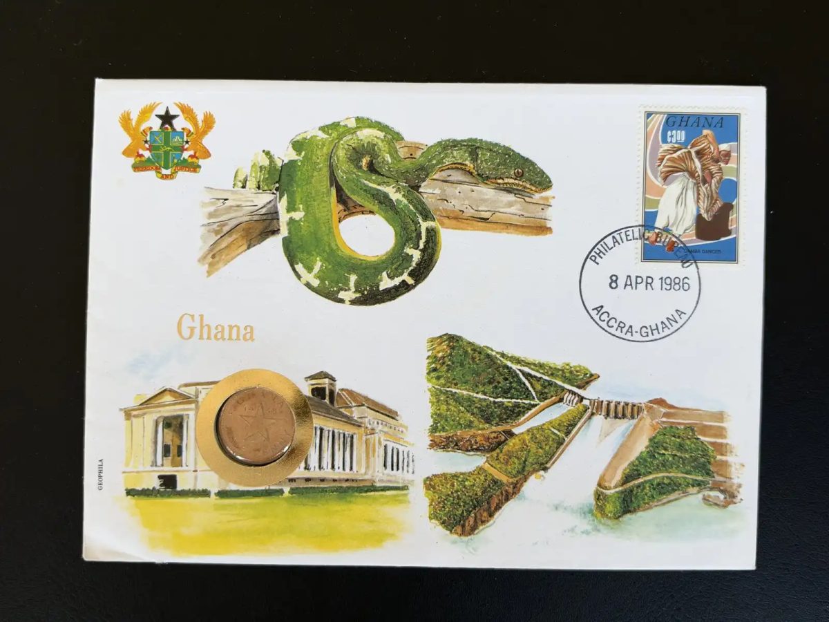 Ghana enveloppe numismatique FDC pièce monnaie 1986 Accra serpent