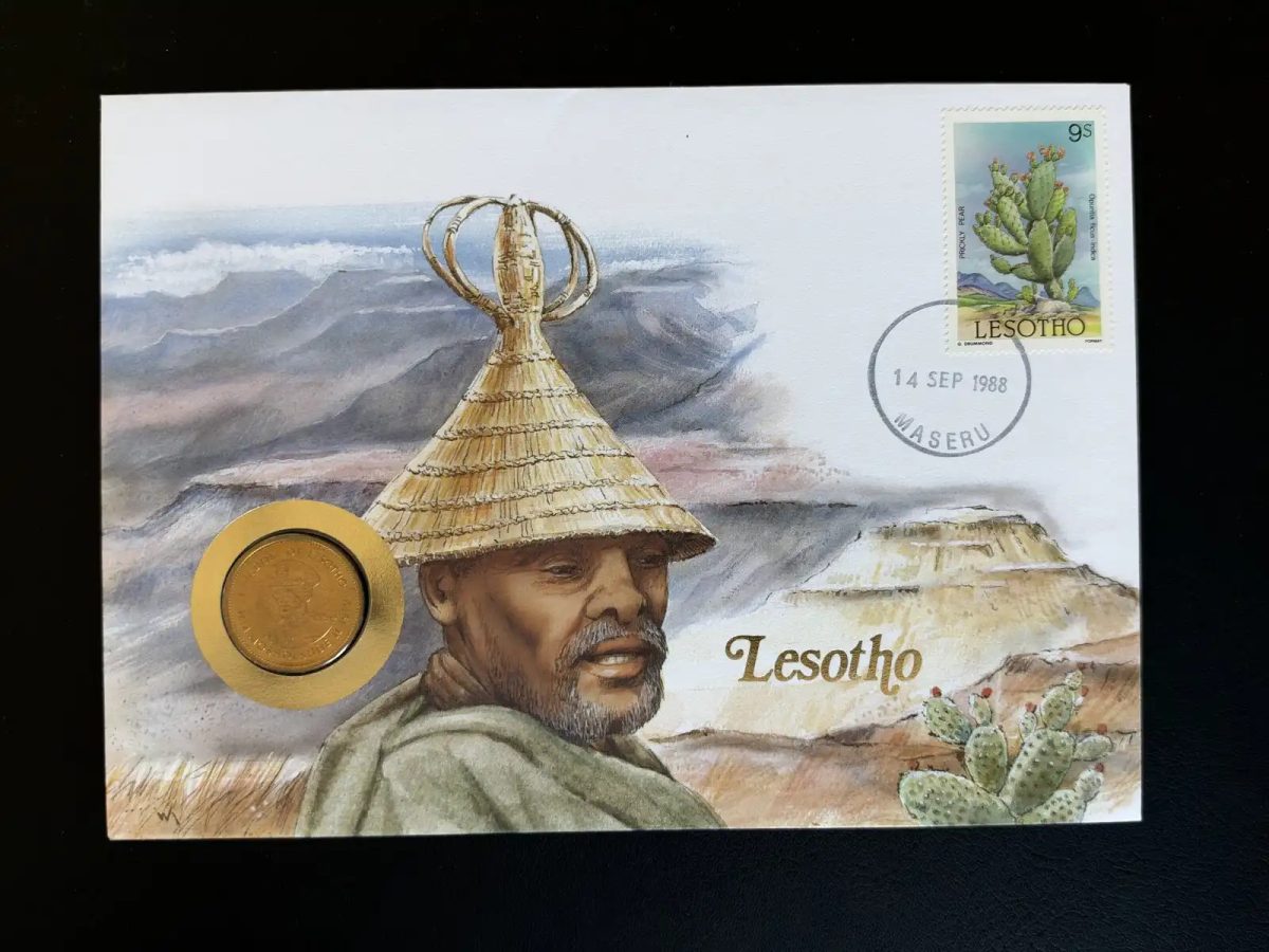 Lesotho 1988 enveloppe numismatique FDC pièce timbre cactus Maseru