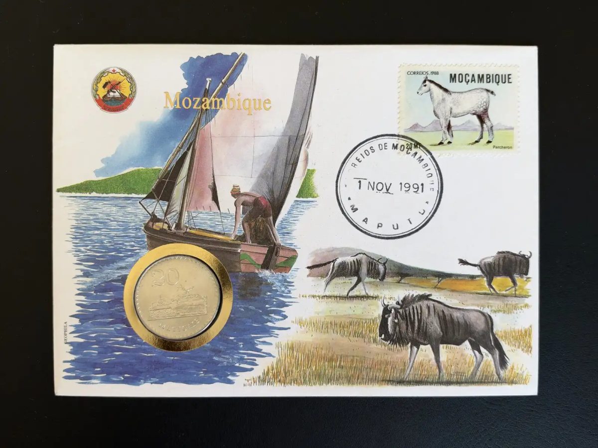 Mozambique enveloppe numismatique 1991 timbre Percheron pièce 20