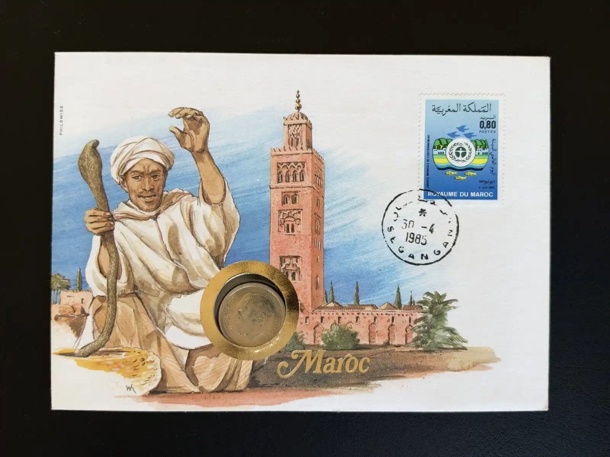 Maroc enveloppe numismatique Philswiss 1985 timbre 0,80