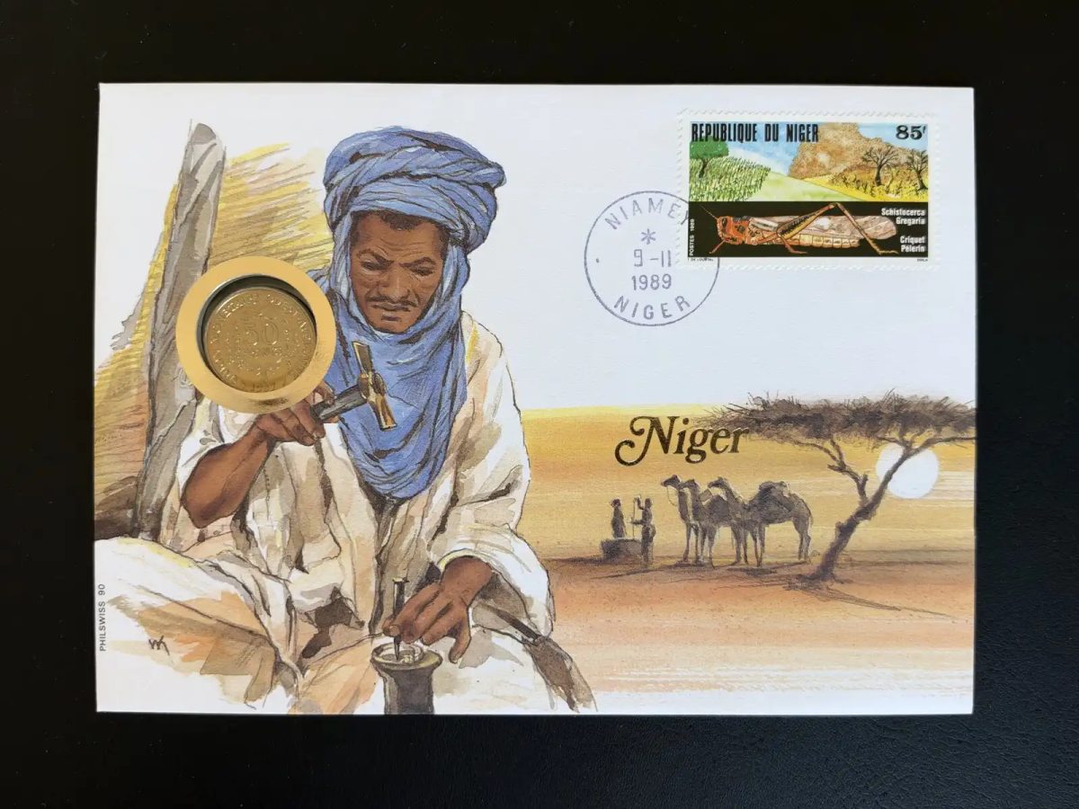 Niger 1989 enveloppe numismatique Philswiss criquet pèlerin 85F