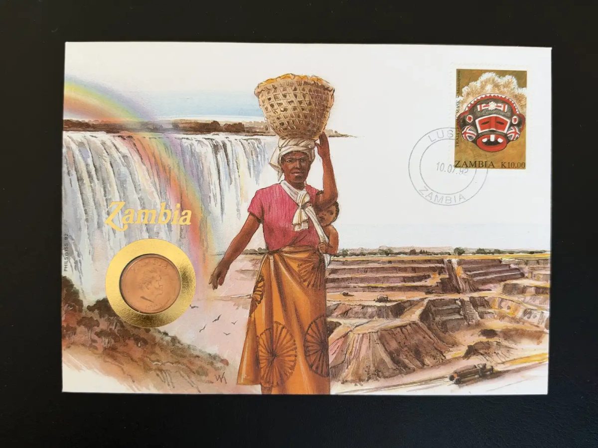 Zambia enveloppe numismatique Philswiss 1992 timbre masque K10