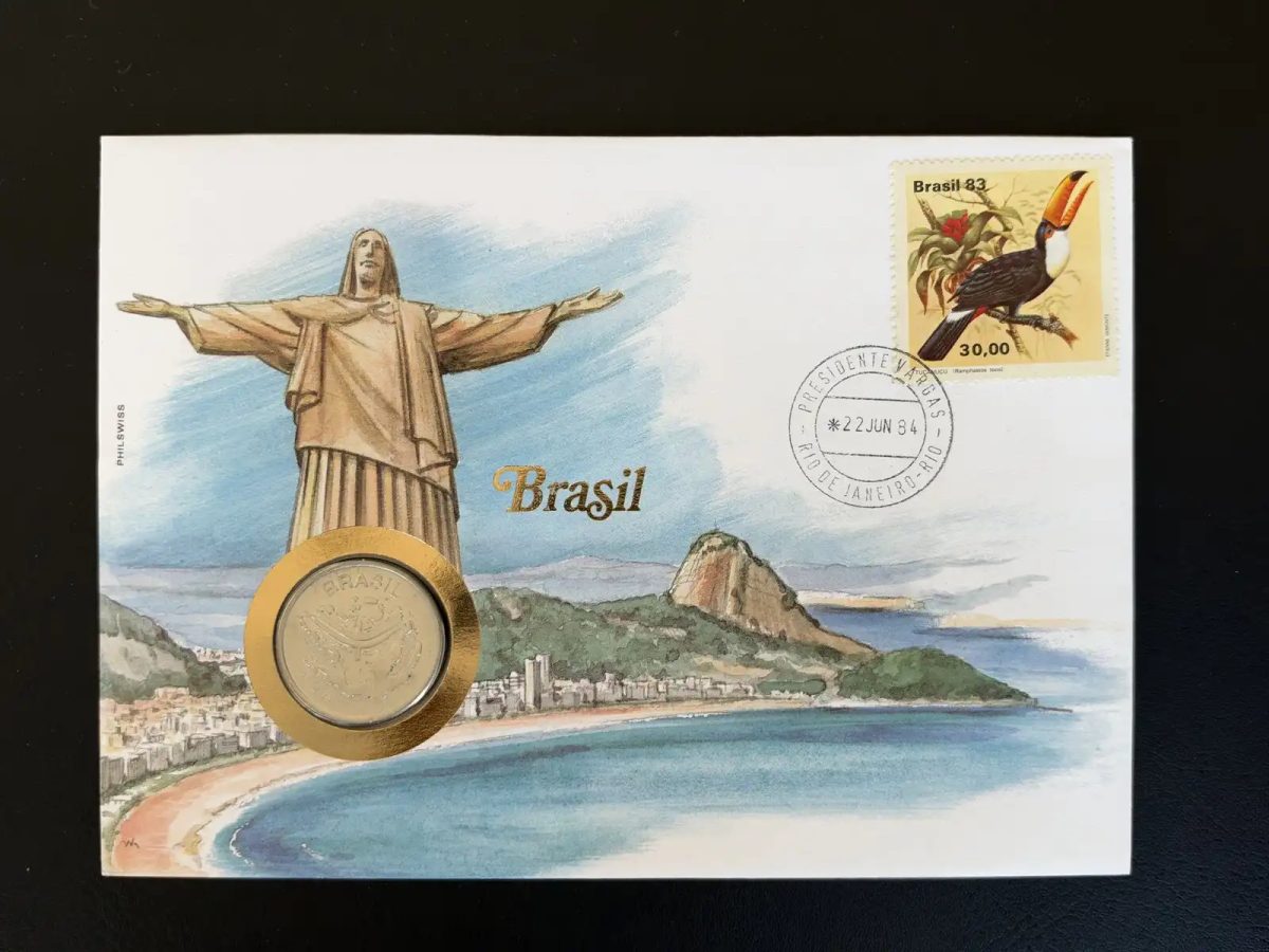 Brazil Philswiss 1984 numismatic envelope stamp toucan Rio