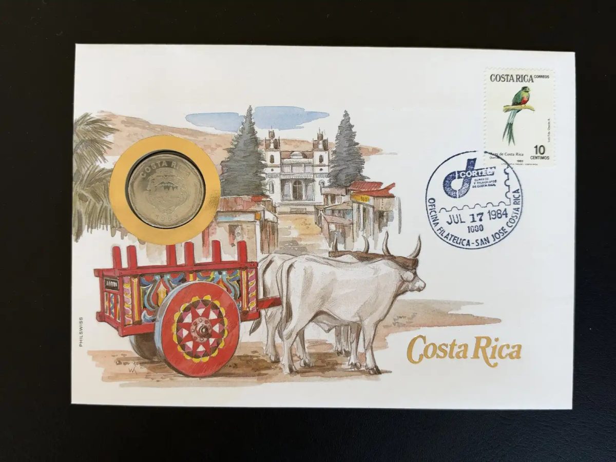Costa Rica enveloppe numismatique Philswiss 1984 timbre oiseau