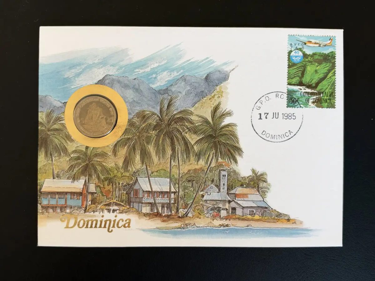 Dominica 1985 Numismatischer Umschlag Münze Briefmarke Flugzeug