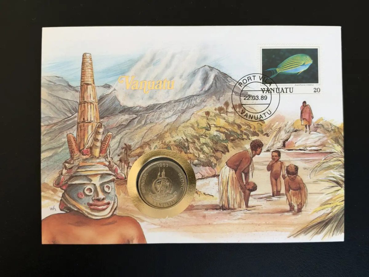 Vanuatu enveloppe numismatique 1989 timbre poisson pièce 1983