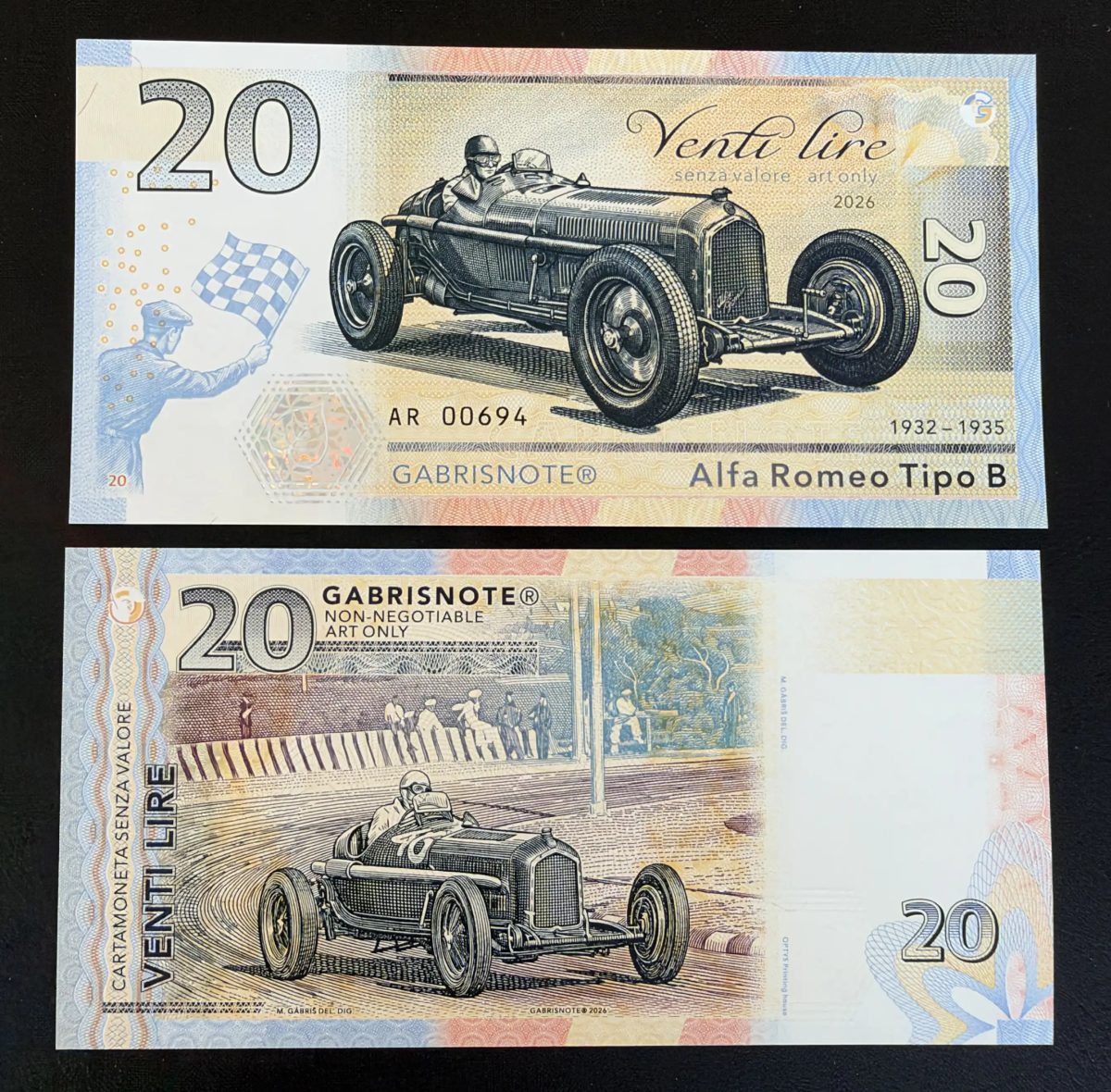Matej Gabris Billet Gabrisnote 20 Venti Lire Alfa Romeo Tipo B 1932-1935 UNC