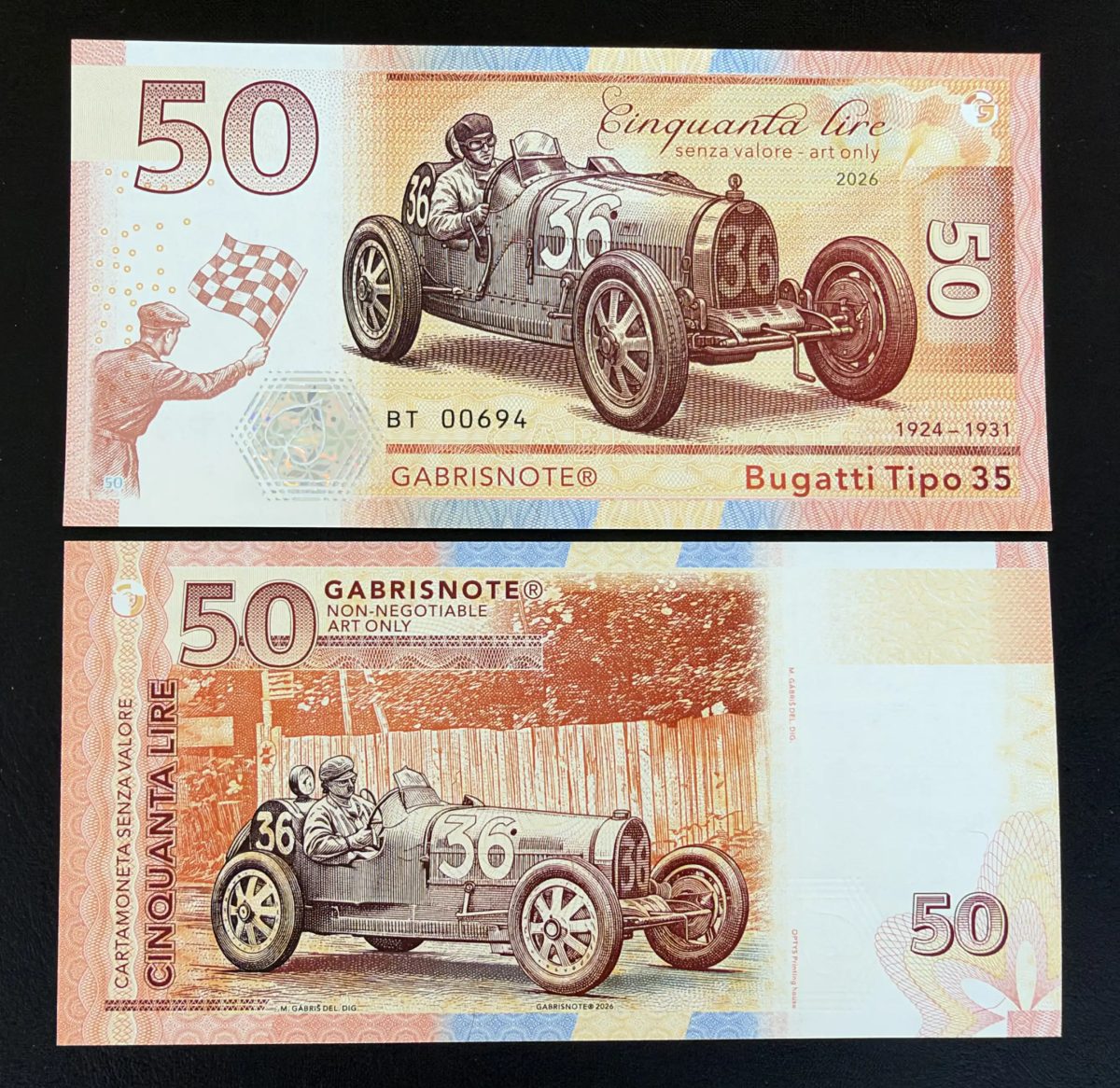 Matej Gabris Billet Gabrisnote 50 Lire Bugatti Tipo 35 2026 Neuf Fantasy Note