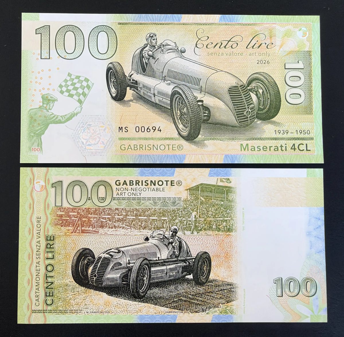 Matej Gabris Billet Gabrisnote 100 Cento Lire Maserati 4CL 1939-1950 UNC 2026