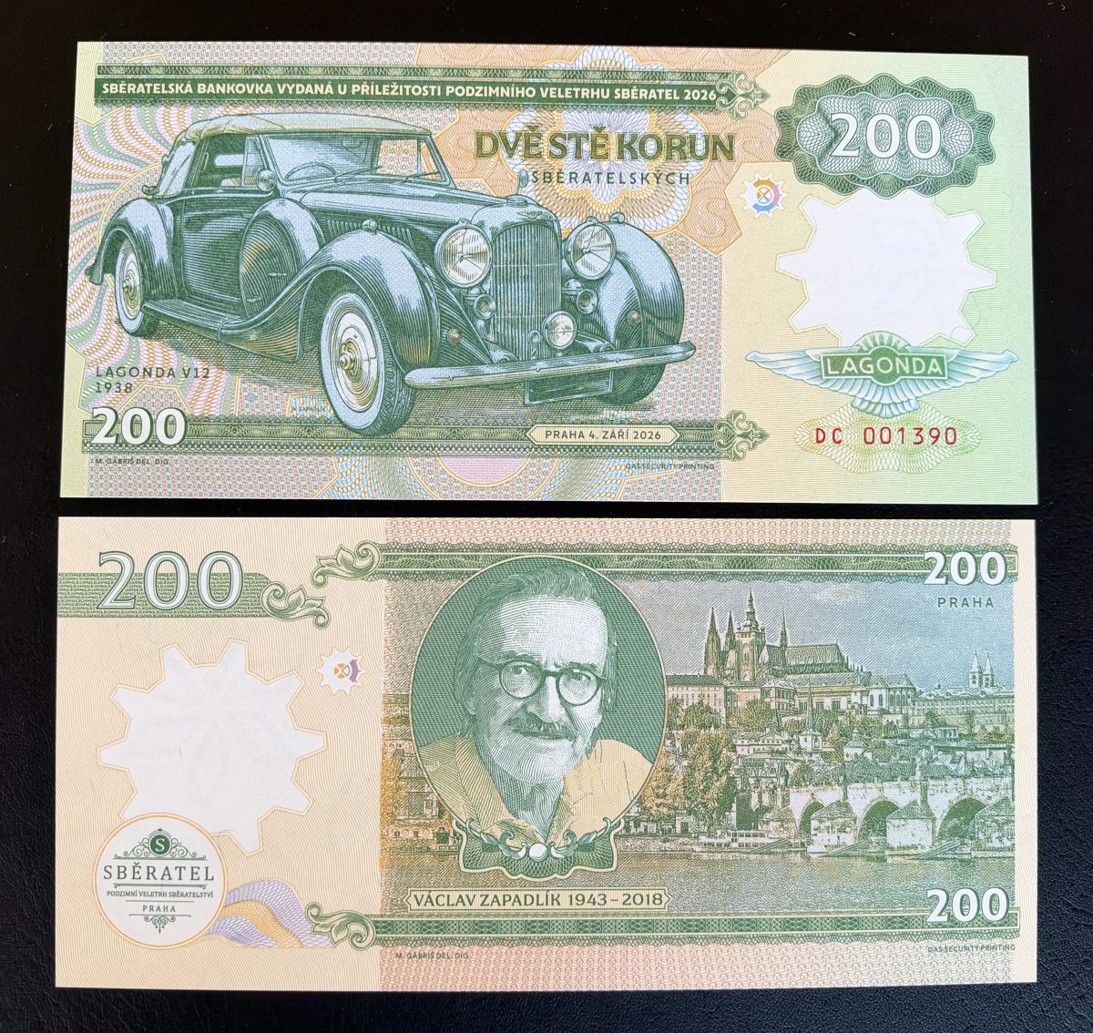 Matej Gabris Billet 200 Korun Sběratel 2026 Praha Lagonda V12 1938 Zapadlík UNC