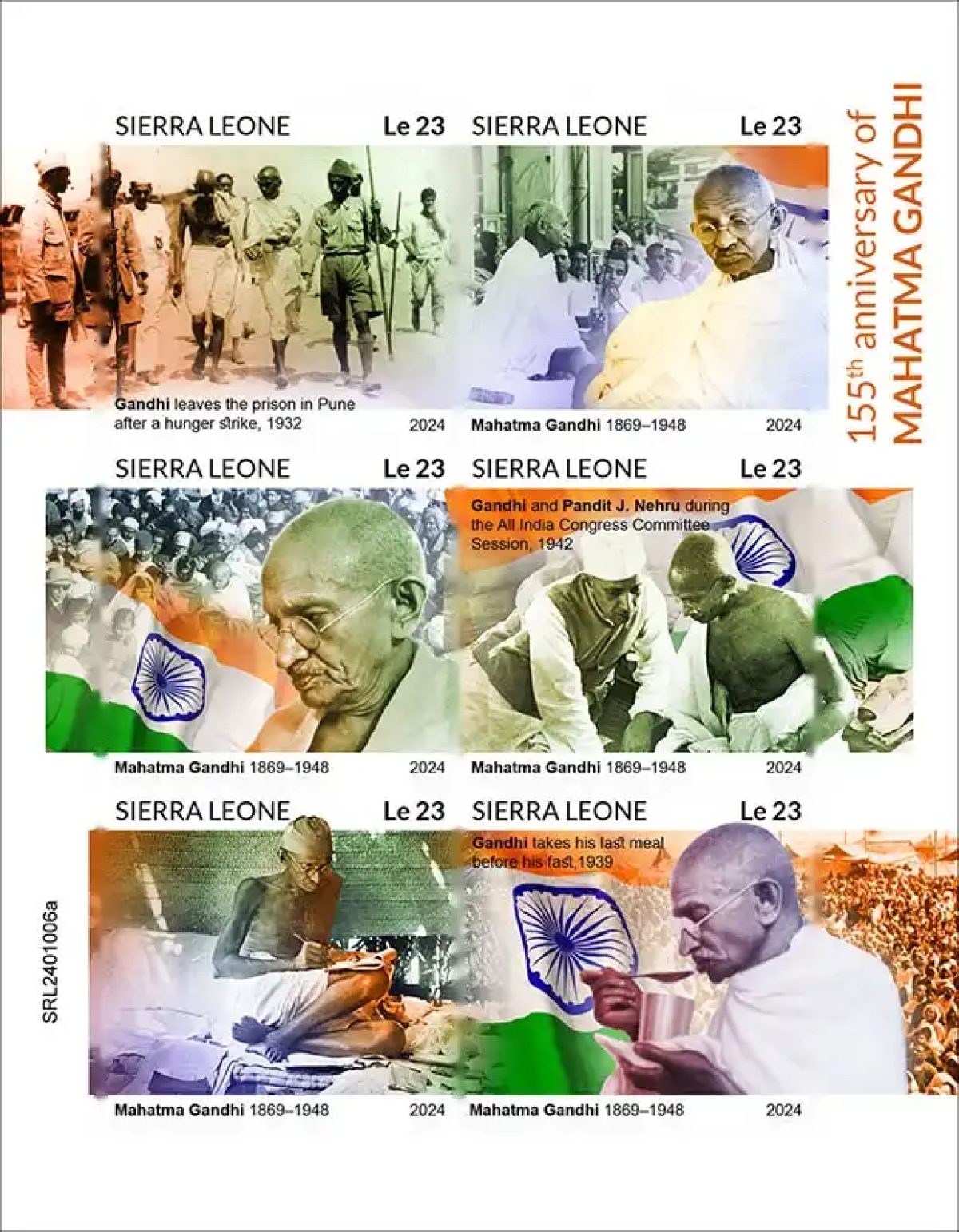 Sierra Leone 2024 Mi. 18284-18289 imperf sheet Gandhi India Nehru