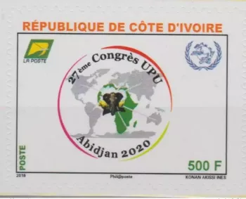 Ivory Coast 2018 adhesive skl. 27th UPU Congress Postal Union Map Elephant