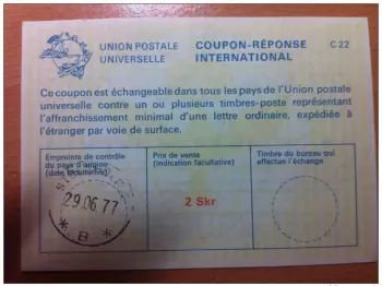 Schweden 2 Skr 29.06.1977 UPU Weltpostverein INTERNATIONALER ANTWORTSCHEIN C22