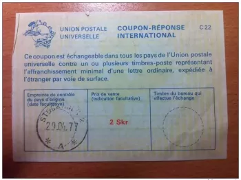 Schweden 2 Skr 29.04.1977 UPU Weltpostverein INTERNATIONALER ANTWORTSCHEIN C22