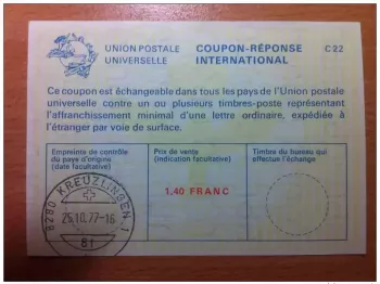 Switzerland 1.40 FRANC 25/10/1977 UPU Postal Union INTERNATIONAL COUPON-ANSWER