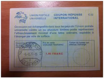 Switzerland 1.40 FRANC 05/08/1977 UPU Postal Union INTERNATIONAL COUPON-ANSWER