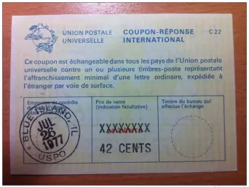 USA 42 cents sur 26 cents 26/07/1977 UPU COUPON-REPONSE INTERNATIONAL C22 C 22