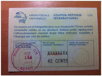 USA 42 cents sur 26 cents 11/10/1977 UPU COUPON-REPONSE INTERNATIONAL C22 C 22