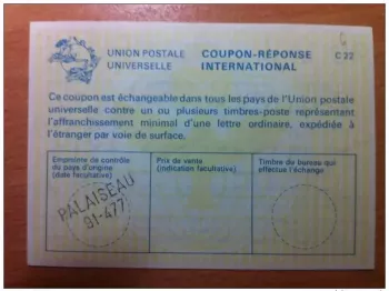 Frankreich Palaiseau 91-477 UPU Weltpostverein INTERNATIONALER ANTWORTSCHEIN C22