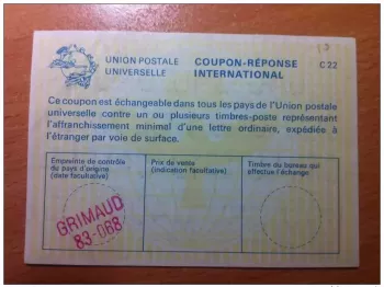 Frankreich Grimaud 83-068 UPU Weltpostverein INTERNATIONALER ANTWORTSCHEIN C22