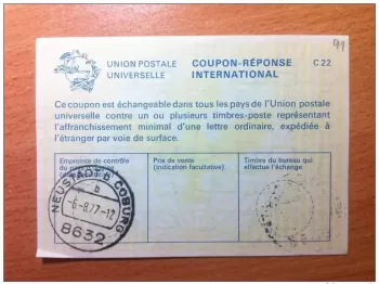 Allemagne Neustadt bei Coburg 6.8.1977 UPU  COUPON-REPONSE INTERNATIONAL C22