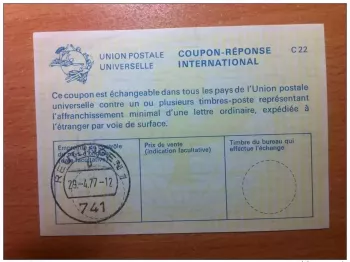 Allemagne Reutlingen 29.4.1977 UPU COUPON-REPONSE INTERNATIONAL C22