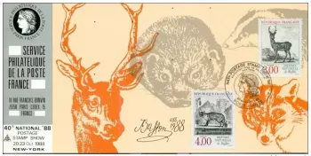 051 Official map Exhibition New York 1988 France FDC Animals Fox Deer